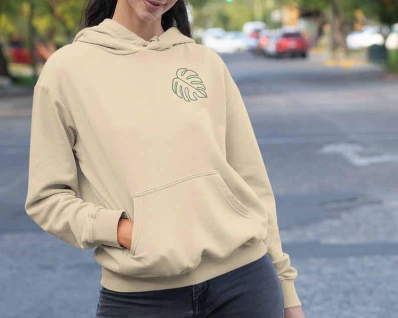 Monstera Plant Embroidered Hoodie, Botanical Monstera Plant Minimalist Sweatshirt, Plant Nature Line Art Hoody, Houseplant Gardening Gifts