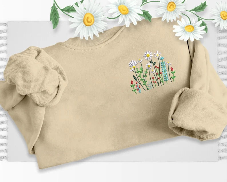 Embroidered Floral Sweater, Wild Flowers Nature Sweatshirt, Minimalist Crewneck Sweatshirt, Aesthetic Unisex Comfy Jumper, Plant Lover Gift