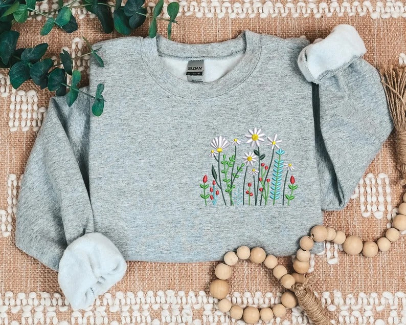 Embroidered Floral Sweater, Wild Flowers Nature Sweatshirt, Minimalist Crewneck Sweatshirt, Aesthetic Unisex Comfy Jumper, Plant Lover Gift