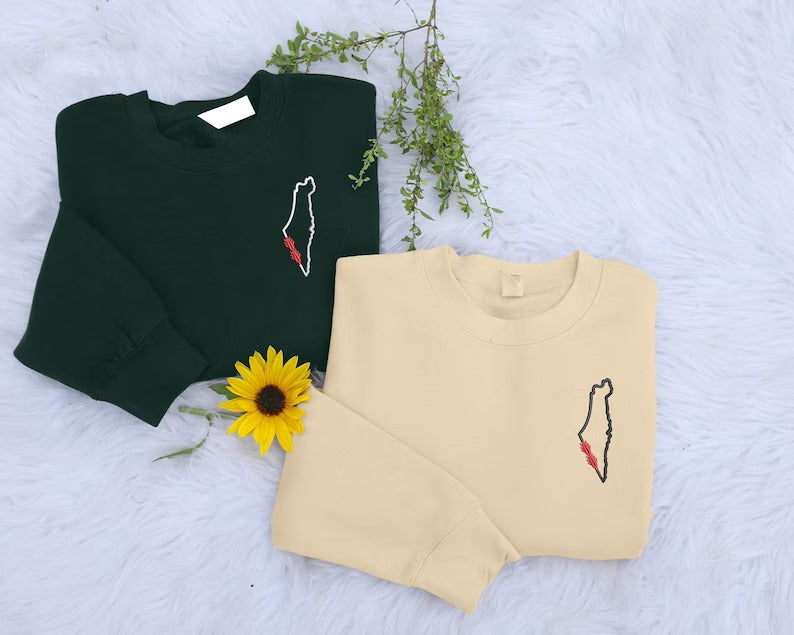 Palestine Map Outline Embroidery Sweaters, Palestine Crewneck Sweatshirt, Adults Sizes Unisex Jumpers, Palestine Clothing, Free Shipping UK