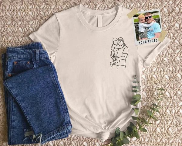 Custom Embroidered Sketch Photo Dad Tshirt, Personalised Outline Portrait from Picture Tee, Dad Birthday Shirt, Fathers Day Gift for Grandpa