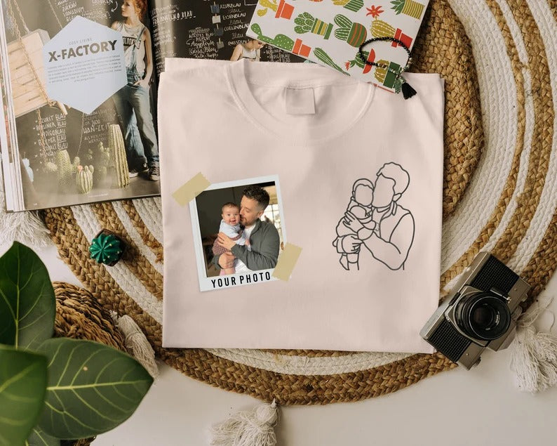 Custom Embroidered Sketch Photo Dad Tshirt, Personalised Outline Portrait from Picture Tee, Dad Birthday Shirt, Fathers Day Gift for Grandpa