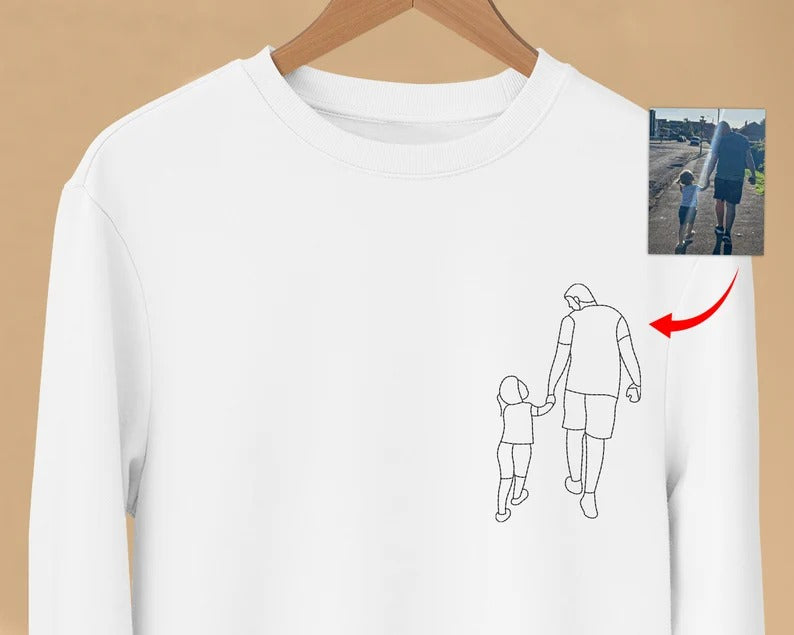 Dad Photo Sketch Embroidered Sweatshirt, Personalized Dad Line Drawing Portrait Jumper, Custom Family Photo Shirt for Dad, Fathers Day Gifts