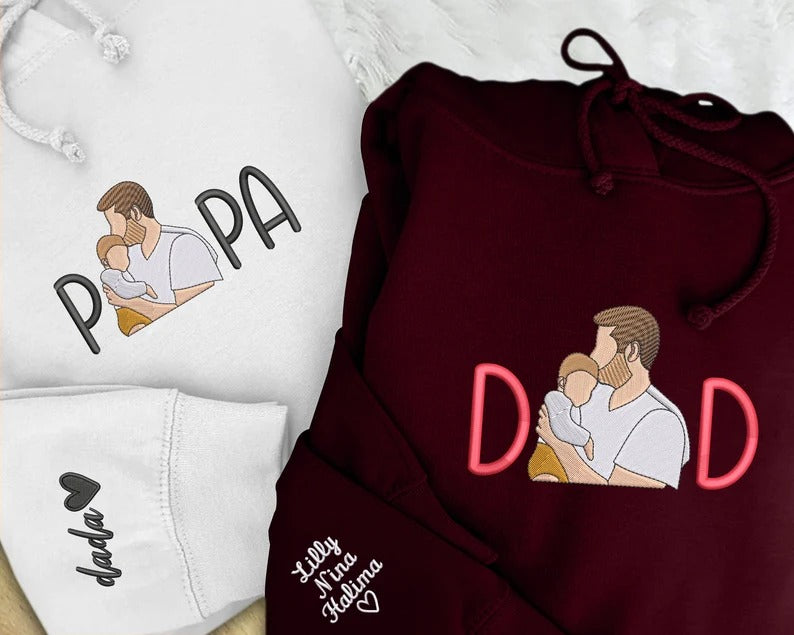 Custom Sketch Embroidered Photo Hoodie, Personalised Faceless Portrait Sketch Hoody, Daddy Matching Birthday Tops , Fathers Day Gift for Dad