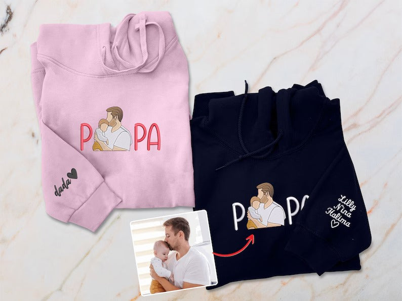 Custom Sketch Embroidered Photo Hoodie, Personalised Faceless Portrait Sketch Hoody, Daddy Matching Birthday Tops , Fathers Day Gift for Dad