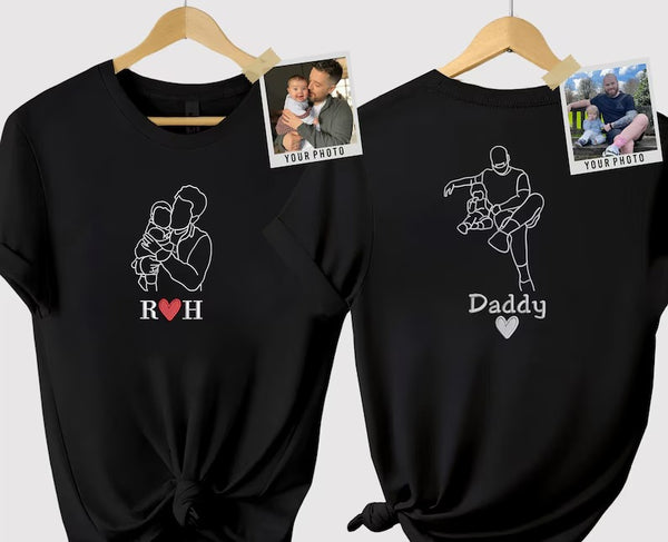 Embroidered Outline Portrait Dad Tshirt, Custom Front/Back Sketch Photo Shirt, Personalised Initial/Quote Matching Shirt, Fathers Day Gifts