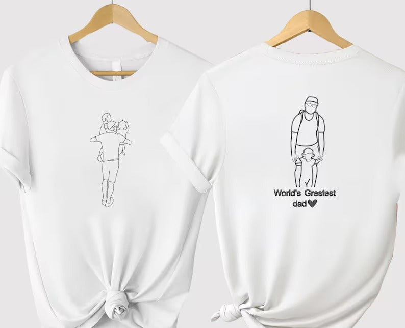 Embroidered Outline Portrait Dad Tshirt, Custom Front/Back Sketch Photo Shirt, Personalised Initial/Quote Matching Shirt, Fathers Day Gifts