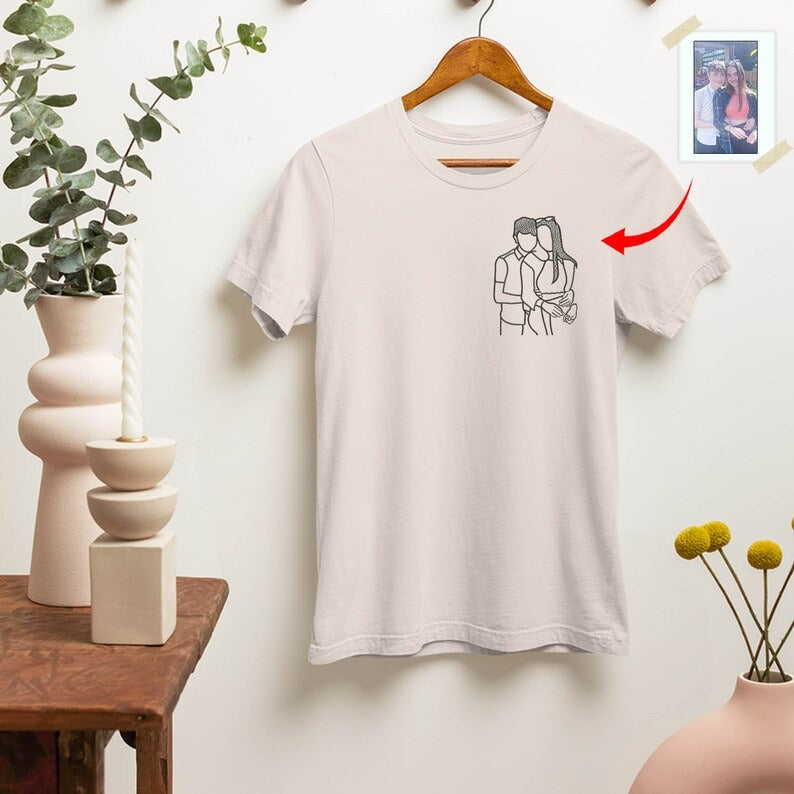 Dad Sketch from Photo Shirt, Custom Embroidered Outline Portrait T Shirt, Family Matching Photo Tees, Father's Day Gifts, Dad Birthday Gifts