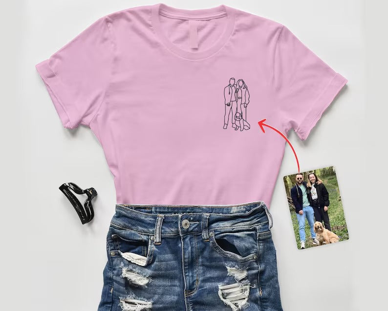 Dad Sketch from Photo Shirt, Custom Embroidered Outline Portrait T Shirt, Family Matching Photo Tees, Father's Day Gifts, Dad Birthday Gifts