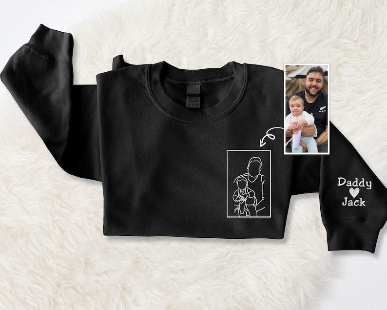 Personalised Dad Embroidered Portrait Photo Sweater, Custom Dad Faceless Sketch Sweatshirt, Kids Name on Sleeve Sweater, Fathers Day Gifts