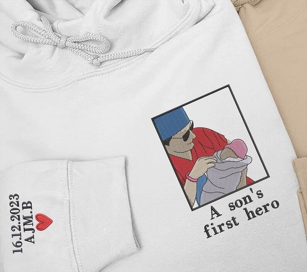 Embroidered Photo Hoodie for Dad, Personalised Portrait Sketch from Picture Hoody, Memorial Matching Family Jumper, Fathers Day Gift for dad