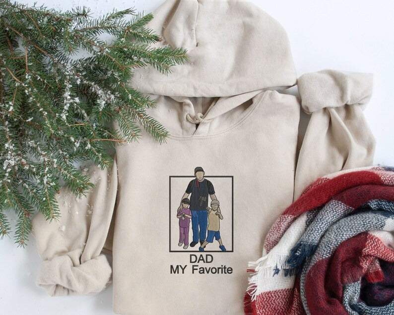 Embroidered Photo Hoodie for Dad, Personalised Portrait Sketch from Picture Hoody, Memorial Matching Family Jumper, Fathers Day Gift for dad