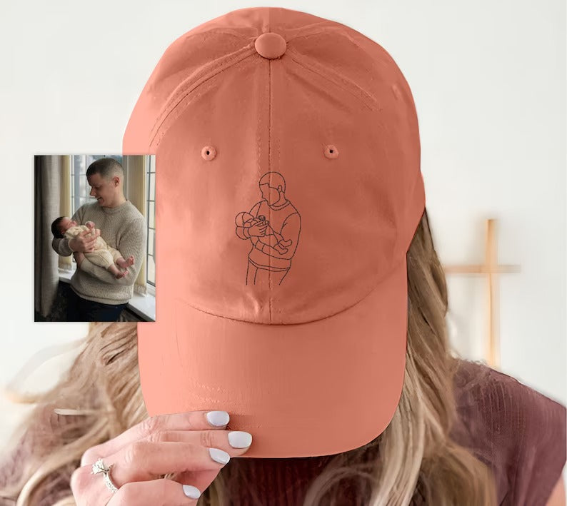 Personalised Sketch from Photo Dad Hats, Embroidered Family Matching Caps, Unisex Comfy Colors Caps, Portrait Dad Hats, Father's Day Gifts