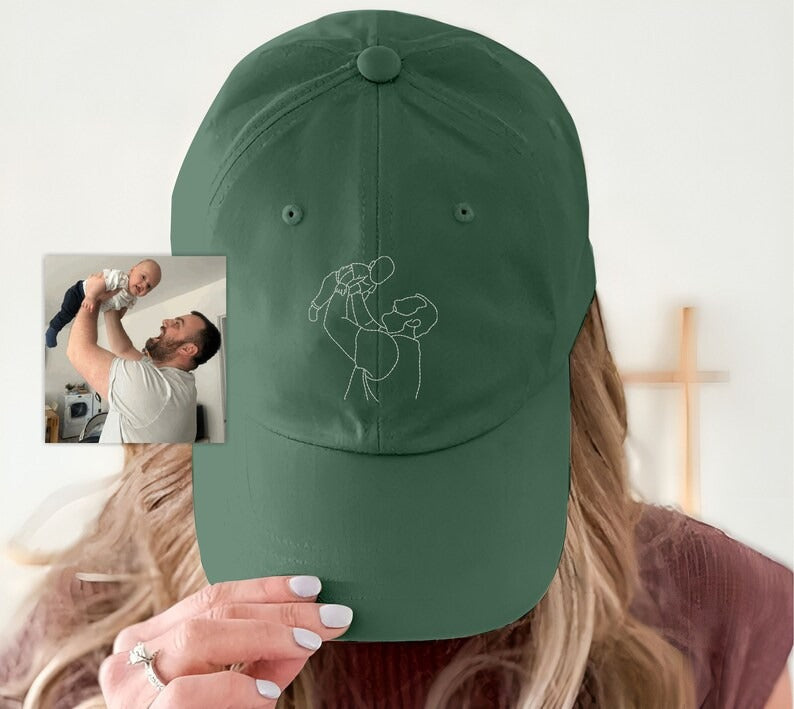 Personalised Sketch from Photo Dad Hats, Embroidered Family Matching Caps, Unisex Comfy Colors Caps, Portrait Dad Hats, Father's Day Gifts