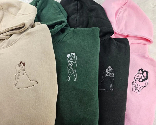 Couple Matching Sketch Photo Hoodie, Custom Embroidered Faceless Jumper, Personalise Family Portrait Outline Hoody, Wedding Anniversary Gift