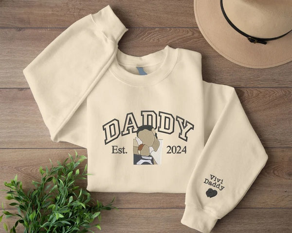 Embroidered Daddy Photo Sweatshirts, Personalised Sketch from Picture Sweater, Custom Dad Est Year Jumper, Father's Day Gift for Grandfather