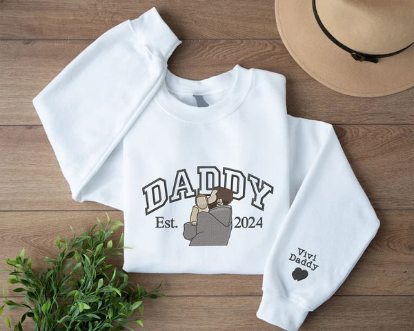 Embroidered Daddy Photo Sweatshirts, Personalised Sketch from Picture Sweater, Custom Dad Est Year Jumper, Father's Day Gift for Grandfather