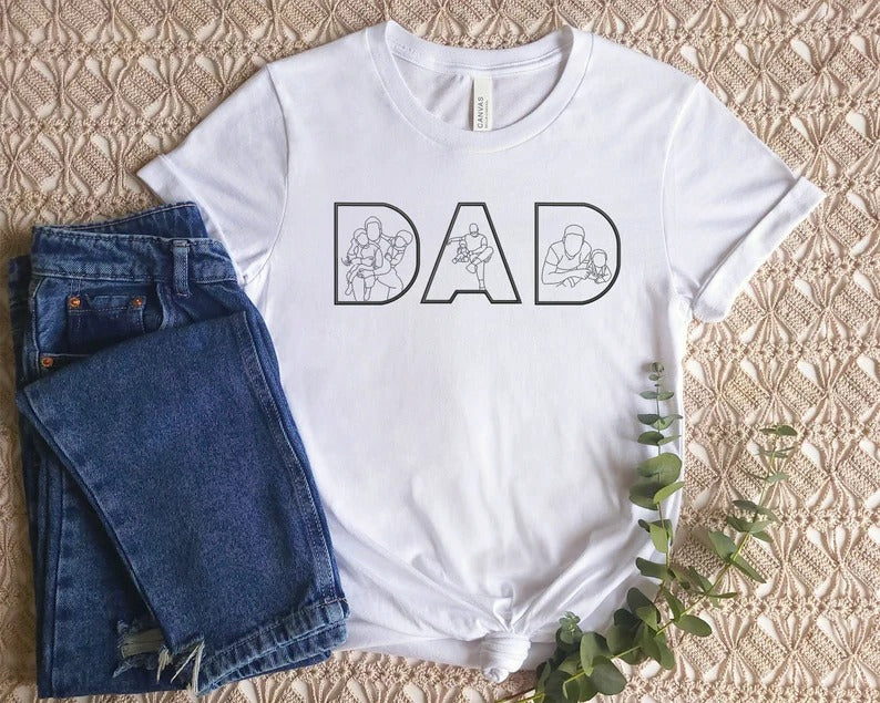 Personalised Dad Photos Shirt, Embroidered Dad Tshirt, Custom Sketches from Portraits Comfy Tee Top, Fathers Day Gifts, Dad Birthday Present