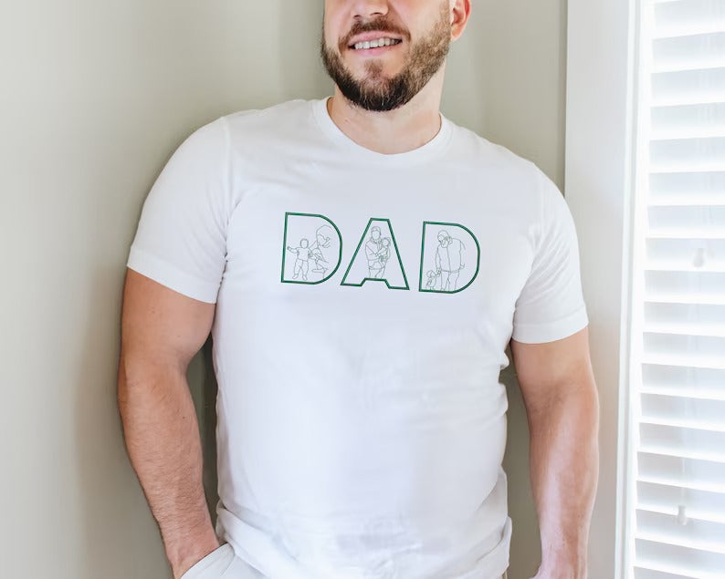 Personalised Dad Photos Shirt, Embroidered Dad Tshirt, Custom Sketches from Portraits Comfy Tee Top, Fathers Day Gifts, Dad Birthday Present