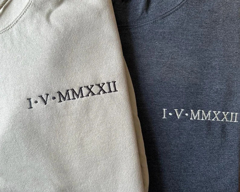 Embroidered Hoodie, Couple Matching Hoodie, One Year Anniversary Birthday Special Date Roman Numeral Hood, Personalised Wifey Sweatshirt