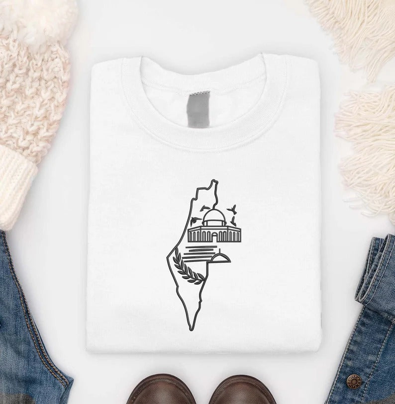 Palestine Map Outline Sweater, AL Aqsa Embroidery Palestine Crewneck Sweatshirt, Adults Unisex Jumpers, Palestine Clothing, Free Shipping UK