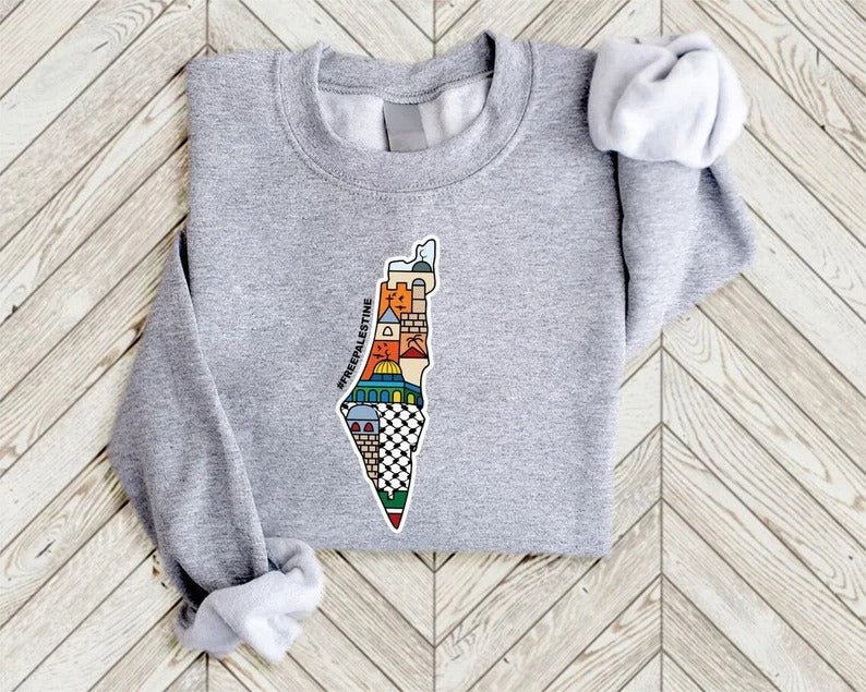 Palestine Sweatshirt, Palestine Map Crewneck Printed Sweater, Al-Aqsa Palestine Jumper, Comfy Adult Unisex Pullover Outfit, Free Shipping UK