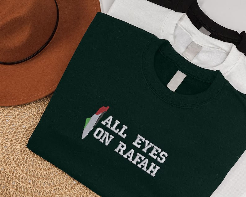 All Eyes On Rafah Embroidered Sweatshirt, Palestine Flag Map Sweater, Palestine Clothing, Prefect Embroidery, Adults Sizes