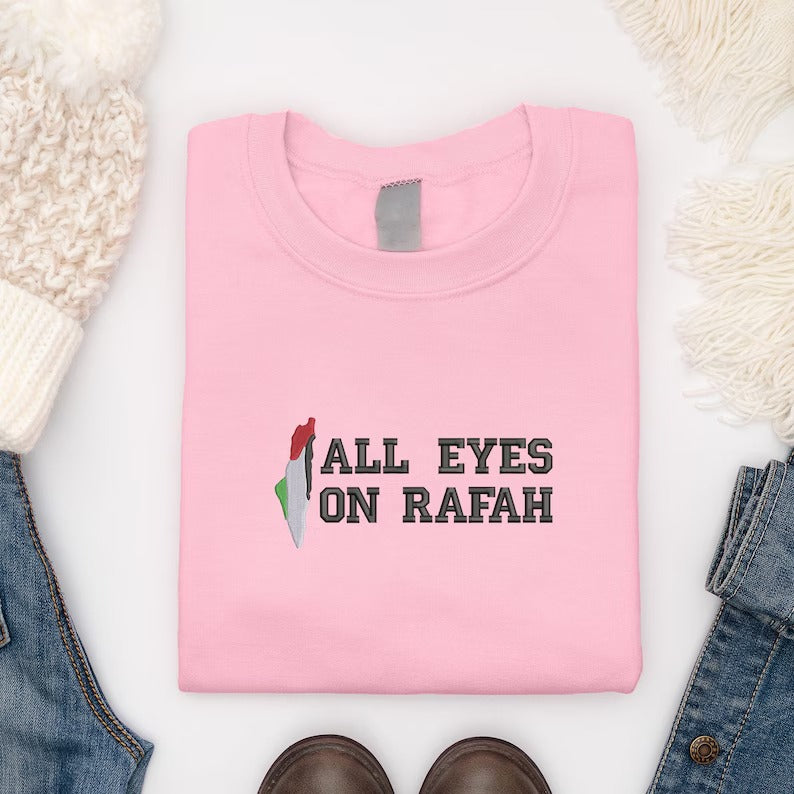 All Eyes On Rafah Embroidered Sweatshirt, Palestine Flag Map Sweater, Palestine Clothing, Prefect Embroidery, Adults Sizes