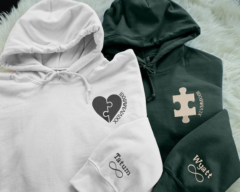 Custom Embroidered Initial Matching Hoodie, Personalised Roman Numeral Date Wife Jumper, GF BF Matching Hoody for Couples, Gift for Partner