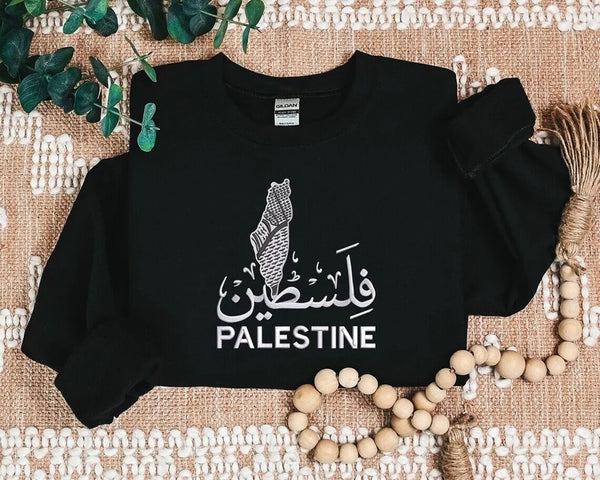 Palestine Keffiyeh Map Jumper, Embroidered Palestine Arabic Calligraphy Name Sweater, Palestine Shirt, Adult Size XS-4XL