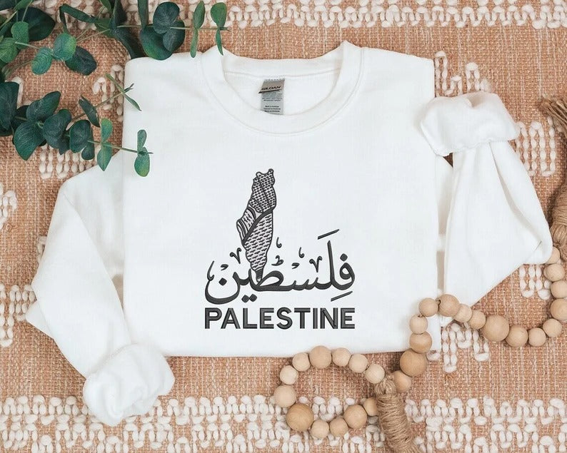 Palestine Keffiyeh Map Jumper, Embroidered Palestine Arabic Calligraphy Name Sweater, Palestine Shirt, Adult Size XS-4XL