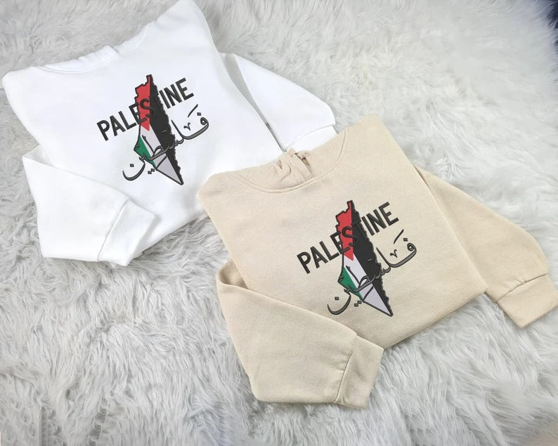 Embroidered Palestine Map Flag Hoodies, Palestine Arabic Calligraphy Name Pullover Jumper, Adults Sizes Unisex Sweater, Palestine Clothing