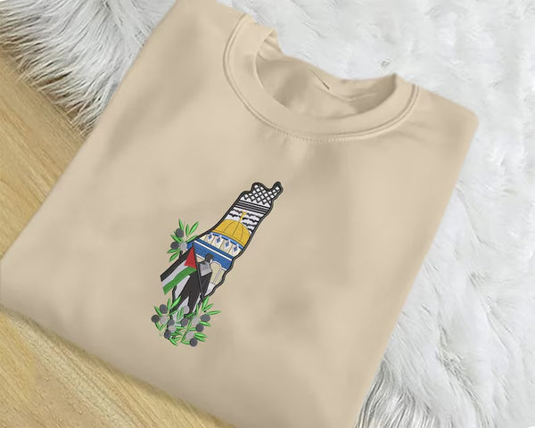 Palestine Map Crewneck Sweatshirts, Al Aqsa Embroidery Sweaters, Palestine Design Jumpers, Palestine Clothing