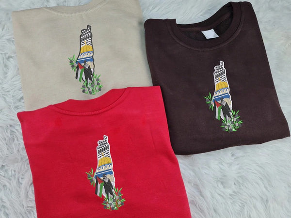 Palestine Map Crewneck Sweatshirts, Al Aqsa Embroidery Sweaters, Palestine Design Jumpers, Palestine Clothing