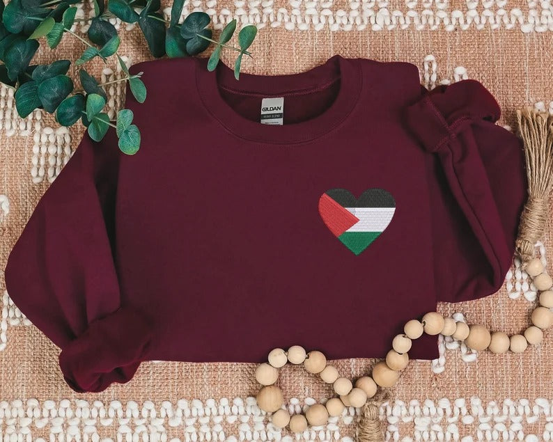 Palestine Flag Heart Sweatshirt, Embroidered Palestine Monogram Heart Sweater, Palestine Crewneck, Unisex Pullover Jumpers