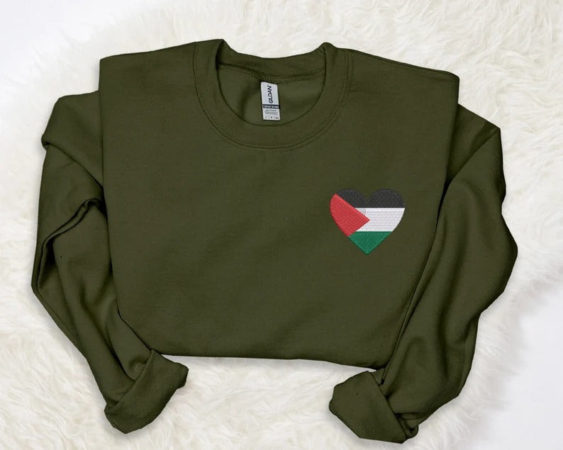 Palestine Flag Heart Sweatshirt, Embroidered Palestine Monogram Heart Sweater, Palestine Crewneck, Unisex Pullover Jumpers