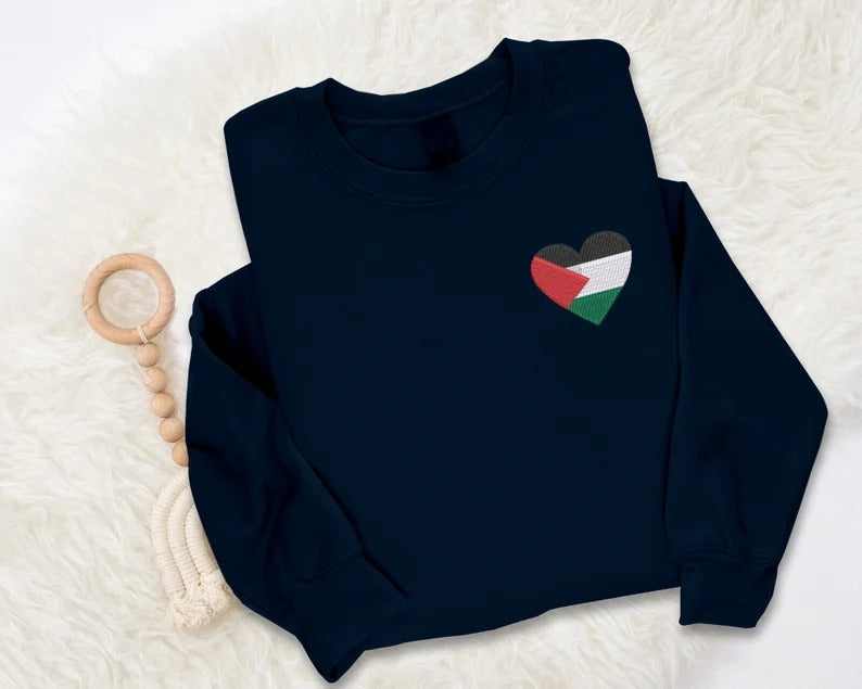 Palestine Flag Heart Sweatshirt, Embroidered Palestine Monogram Heart Sweater, Palestine Crewneck, Unisex Pullover Jumpers