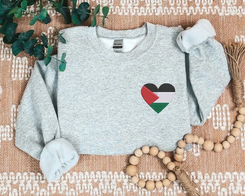 Palestine Flag Heart Sweatshirt, Embroidered Palestine Monogram Heart Sweater, Palestine Crewneck, Unisex Pullover Jumpers