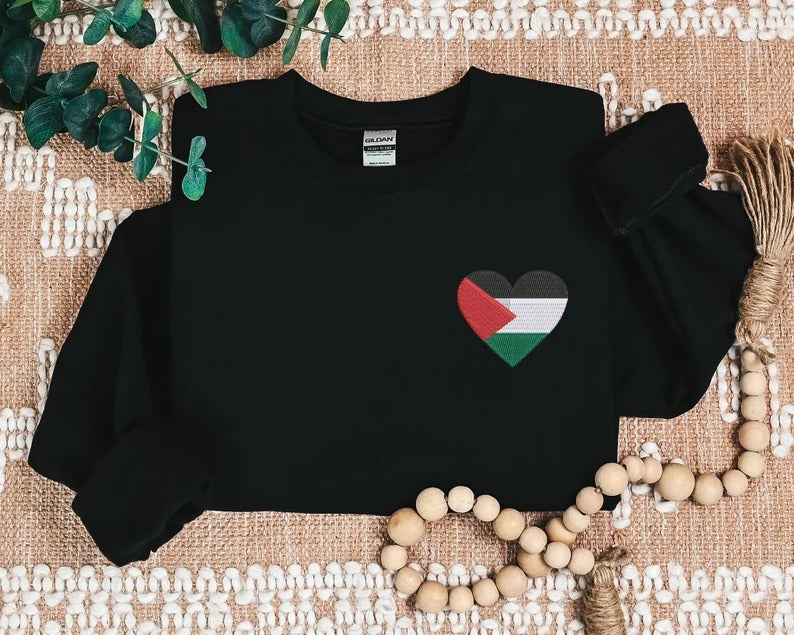 Palestine Flag Heart Sweatshirt, Embroidered Palestine Monogram Heart Sweater, Palestine Crewneck, Unisex Pullover Jumpers