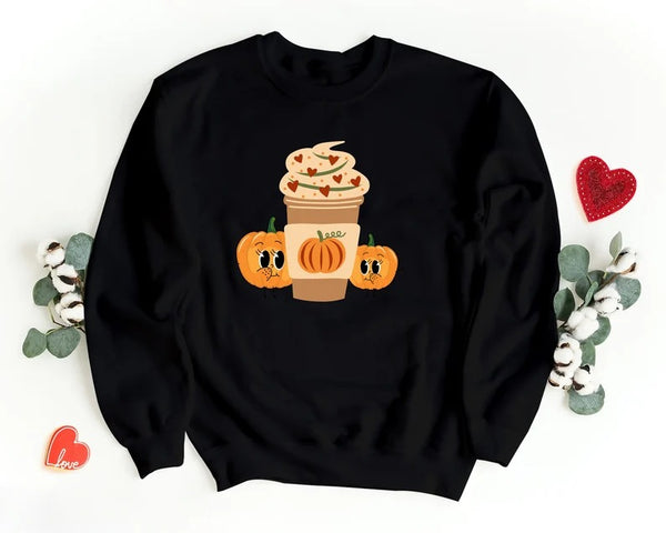 Halloween Sweatshirt, Pumpkin Spice Coffee Printed Sweater, Halloween Coffee Cup Autumn Fall Retro Crewneck Jumpers, Halloween Night Outfits