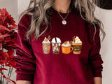 Halloween Coffee Sweatshirt, Vintage Autumn Fall Sweater, Pumpkin Coffee Cups Crewneck Jumper, Halloween Clothing, Halloween Night Outfits