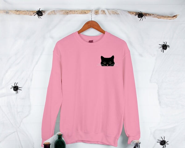 Cute Black Cat Halloween Sweatshirt, Fall Cat Printed Sweatshirt, Vintage Halloween Party Jumper, Spooky Season Shirt, Halloween Clothing