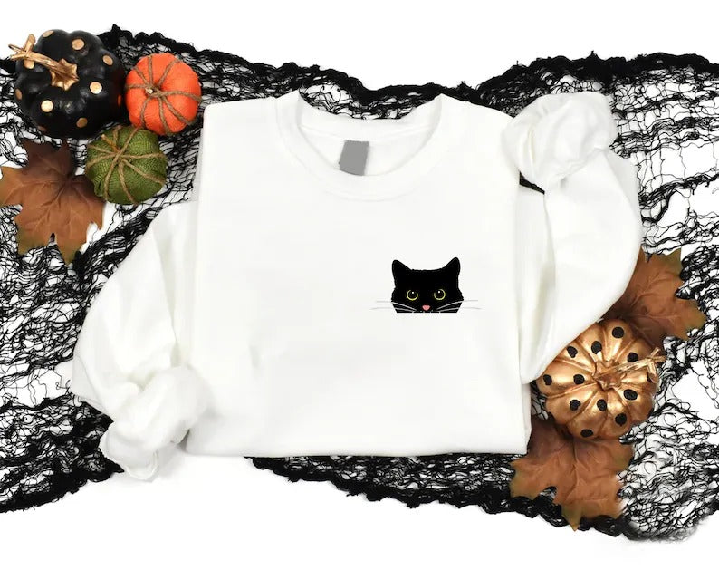 Cute Black Cat Halloween Sweatshirt, Fall Cat Printed Sweatshirt, Vintage Halloween Party Jumper, Spooky Season Shirt, Halloween Clothing