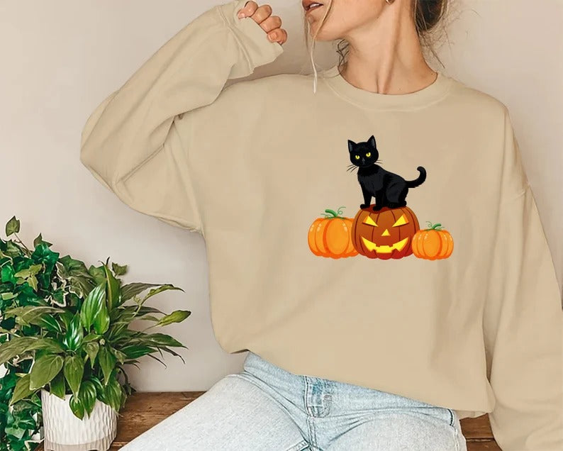 Halloween Crewneck Sweater, Cat on Pumpkins Halloween Sweatshirt, Black Cat Sweatshirt, Unisex Jumpers, Spooky Season Tops, Halloween Gifts