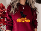 Halloween Crewneck Sweater, Cat on Pumpkins Halloween Sweatshirt, Black Cat Sweatshirt, Unisex Jumpers, Spooky Season Tops, Halloween Gifts