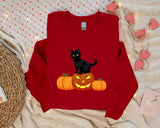 Halloween Crewneck Sweater, Cat on Pumpkins Halloween Sweatshirt, Black Cat Sweatshirt, Unisex Jumpers, Spooky Season Tops, Halloween Gifts