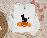 Halloween Crewneck Sweater, Cat on Pumpkins Halloween Sweatshirt, Black Cat Sweatshirt, Unisex Jumpers, Spooky Season Tops, Halloween Gifts