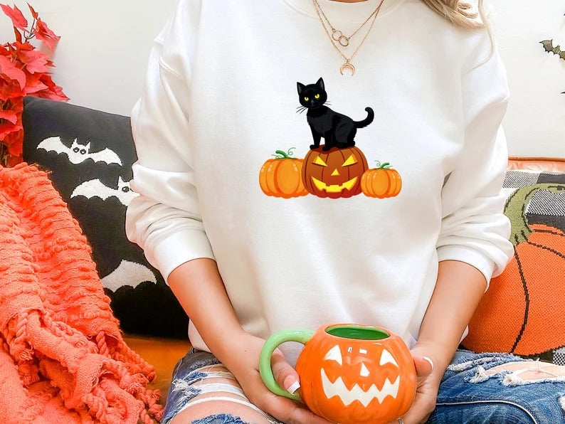 Halloween Crewneck Sweater, Cat on Pumpkins Halloween Sweatshirt, Black Cat Sweatshirt, Unisex Jumpers, Spooky Season Tops, Halloween Gifts