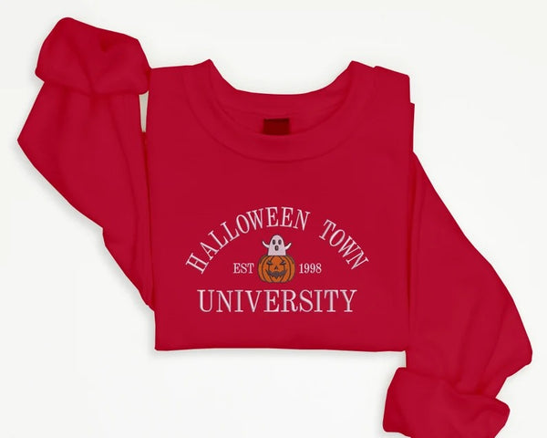 Halloween Town University Sweatshirt, Embroidered Halloween Fall Jumper, Spooky Season Crewneck Sweatshirt, Pumpkin Embroidery Est Outfits