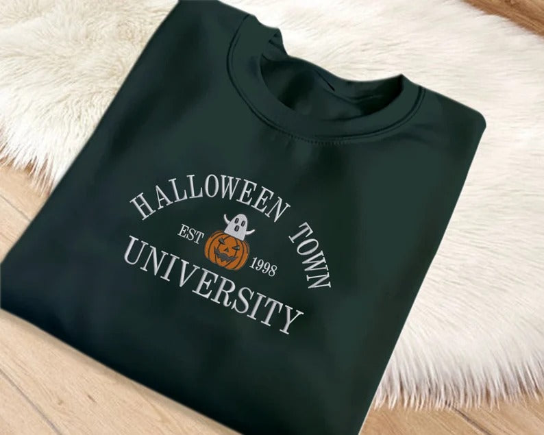 Halloween Town University Sweatshirt, Embroidered Halloween Fall Jumper, Spooky Season Crewneck Sweatshirt, Pumpkin Embroidery Est Outfits